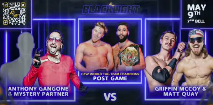 POST GAME defends the tag team straps against MATT QUAY + GRIFFIN MCCOY as well as ANTHONY GANGONE + a mystery teammate
